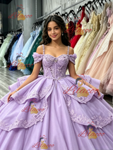 Purple Tulle Straps Appliques Quinceanera Dress