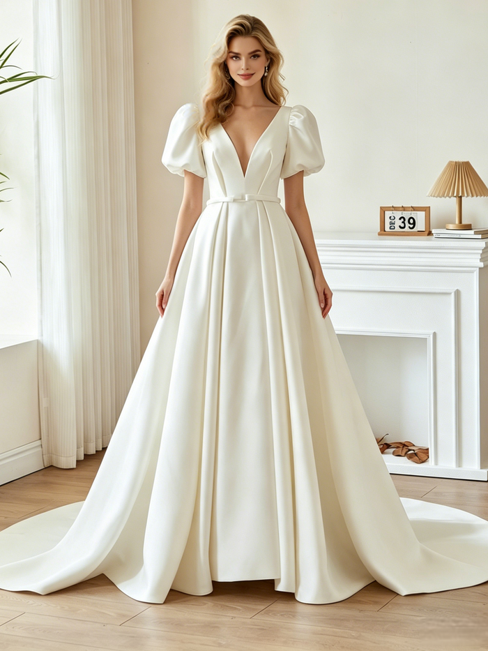 White Satin Puff Sleeve Pleats Wedding Dress