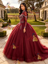 Burgundy Long Sleeve High Neck Beading Quinceanera Dress