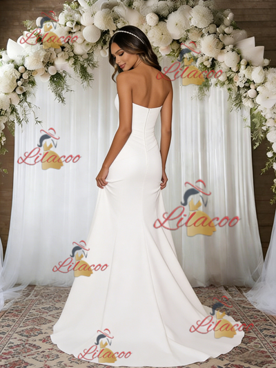 White Mermaid Strapless Pleats Wedding Dress
