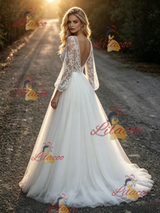 White Tulle Lace V-neck Long Sleeve Wedding Dress