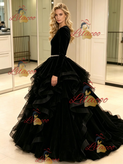 Black Tulle Velvet Long Sleeve Prom Dress
