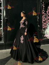 Black Tulle Long Sleeve Appliques Quinceanera Dress