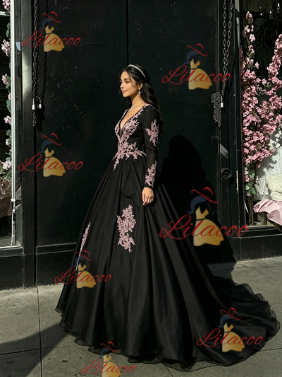 Black Tulle Long Sleeve Appliques Quinceanera Dress