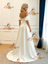 Ivory Satin Halter Pleats Wedding Dress