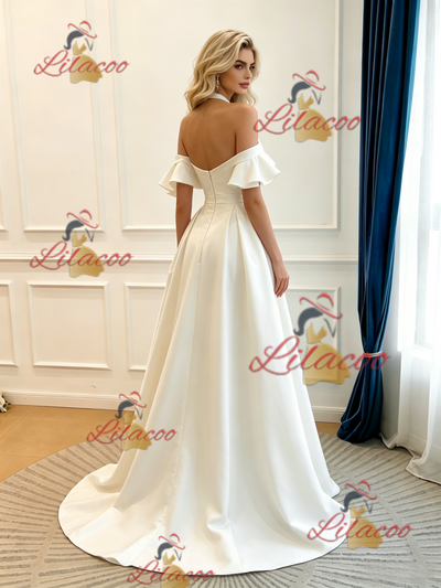 Ivory Satin Halter Pleats Wedding Dress