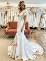 White Mermaid V-neck Puff Sleeve Appliques Wedding Dress