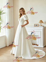 White Satin Puff Sleeve Pleats Wedding Dress