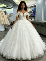 White Tulle Off the Shoulder Appliques Quinceanera Dress