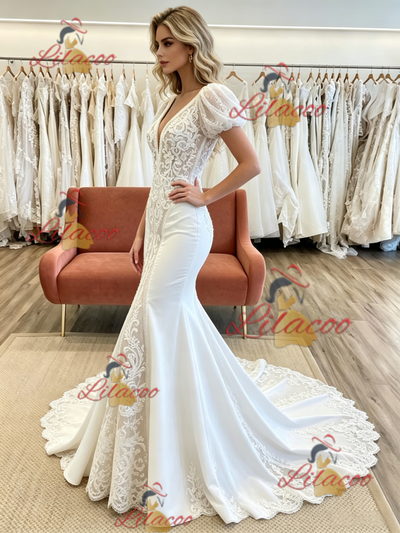 White Mermaid V-neck Puff Sleeve Appliques Wedding Dress