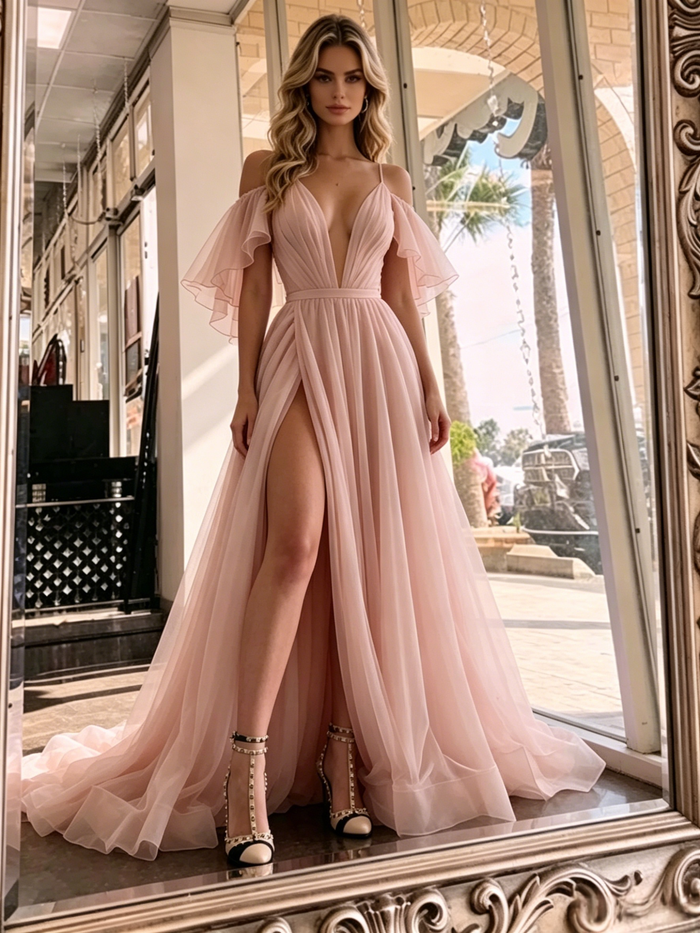 Pink Tulle Spaghetti Straps Prom Dress