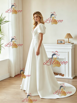 White Satin Puff Sleeve Pleats Wedding Dress