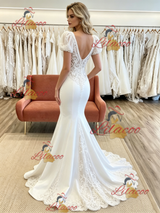 White Mermaid V-neck Puff Sleeve Appliques Wedding Dress