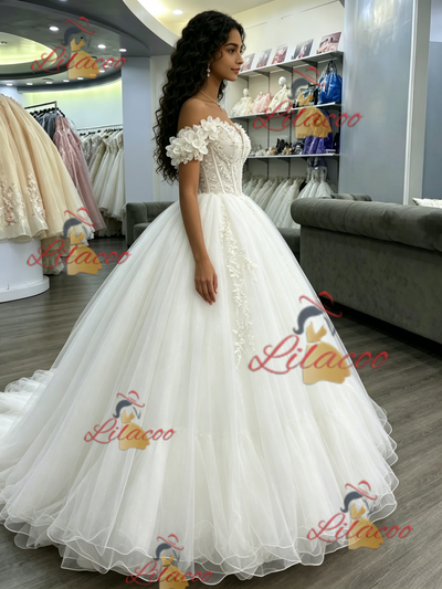 White Tulle Off the Shoulder Appliques Quinceanera Dress