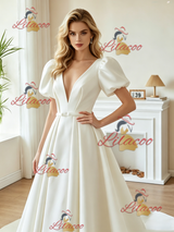 White Satin Puff Sleeve Pleats Wedding Dress