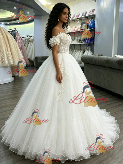 White Tulle Off the Shoulder Appliques Quinceanera Dress