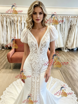 White Mermaid V-neck Puff Sleeve Appliques Wedding Dress
