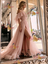 Pink Tulle Spaghetti Straps Prom Dress