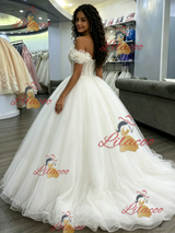 White Tulle Off the Shoulder Appliques Quinceanera Dress