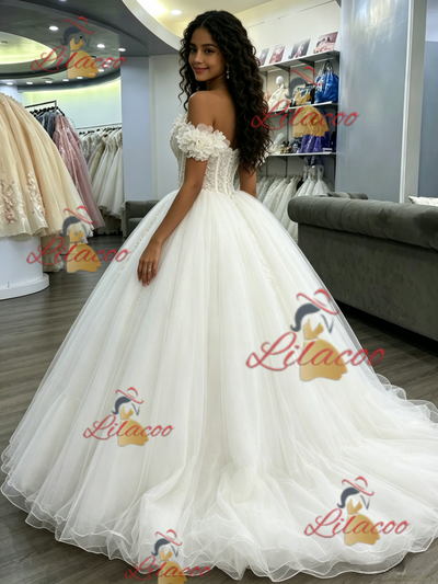 White Tulle Off the Shoulder Appliques Quinceanera Dress