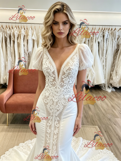 White Mermaid V-neck Puff Sleeve Appliques Wedding Dress