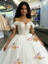 White Tulle Off the Shoulder Appliques Quinceanera Dress