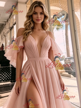 Pink Tulle Spaghetti Straps Prom Dress
