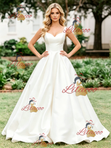 White Satin Straps Wedding Dres