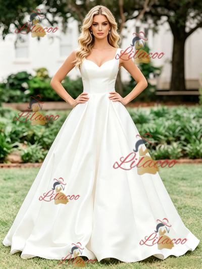 White Satin Straps Wedding Dres
