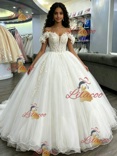 White Tulle Off the Shoulder Appliques Quinceanera Dress