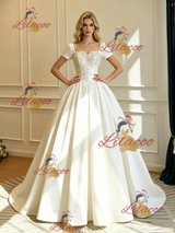Ivory Satin Short Sleeve Beading Wedding Dress