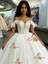 White Tulle Off the Shoulder Appliques Quinceanera Dress