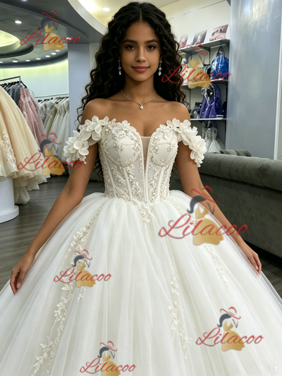 White Tulle Off the Shoulder Appliques Quinceanera Dress