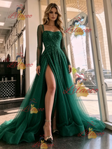 Green Tulle Long Sleeve Prom Dress