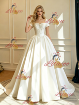 Ivory Satin Short Sleeve Beading Wedding Dress