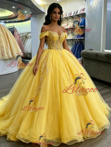 Yellow Tulle Off the Shoulder Appliques Quinceanera Dress