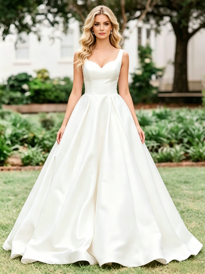 White Satin Straps Wedding Dres
