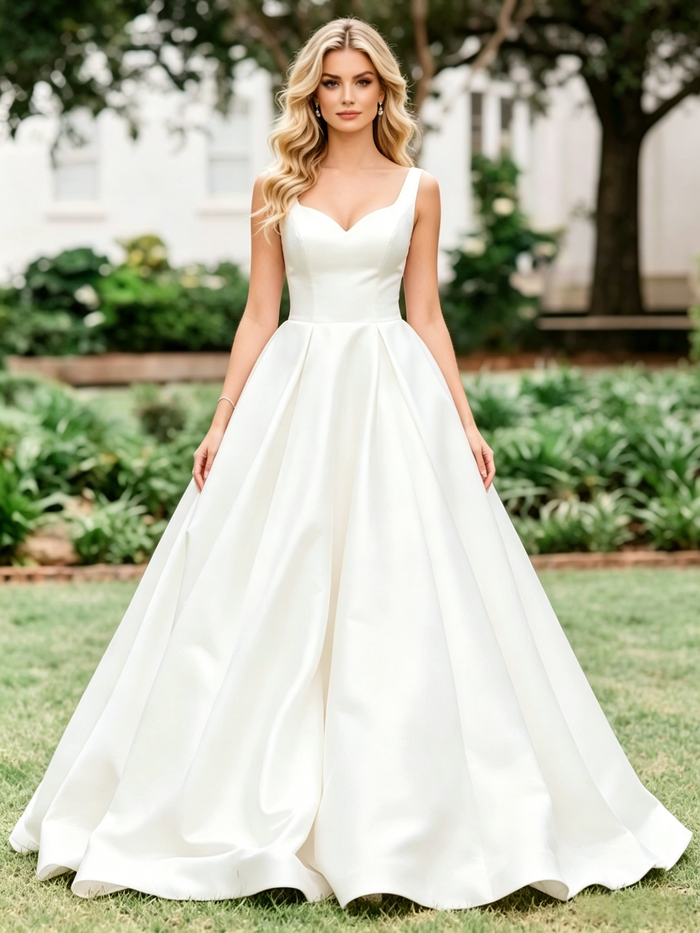 White Satin Straps Wedding Dres