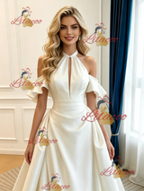Ivory Satin Halter Pleats Wedding Dress