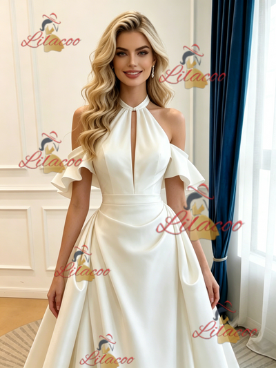 Ivory Satin Halter Pleats Wedding Dress