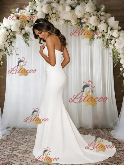 White Mermaid Strapless Pleats Wedding Dress