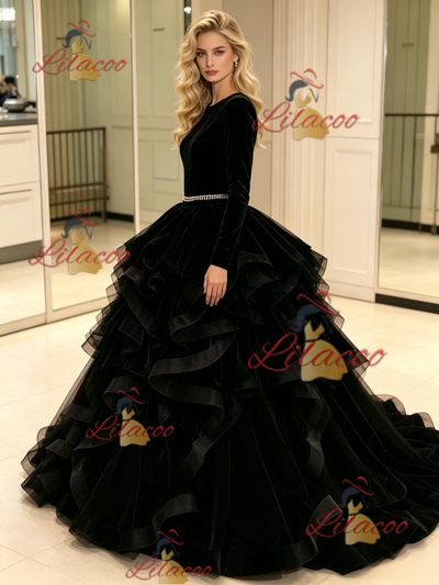 Black Tulle Velvet Long Sleeve Prom Dress