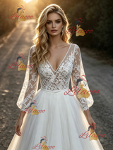 White Tulle Lace V-neck Long Sleeve Wedding Dress