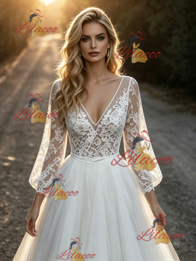 White Tulle Lace V-neck Long Sleeve Wedding Dress