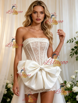 White TUlle Lace Strapless Bow Wedding Dress