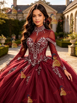 Burgundy Long Sleeve High Neck Beading Quinceanera Dress