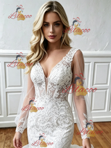 White Mermaid V-neck Long Sleeve Wedding Dress