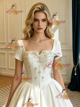 Ivory Satin Short Sleeve Beading Wedding Dress