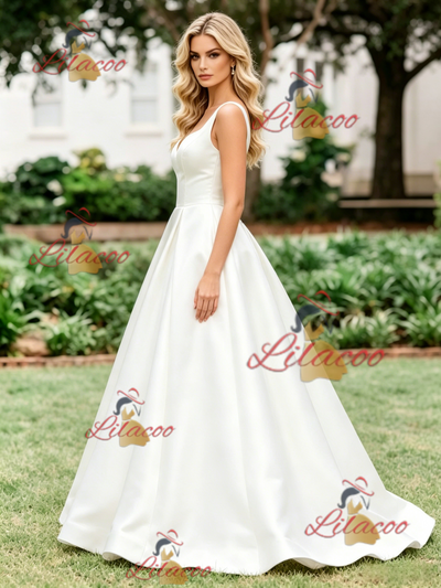 White Satin Straps Wedding Dres
