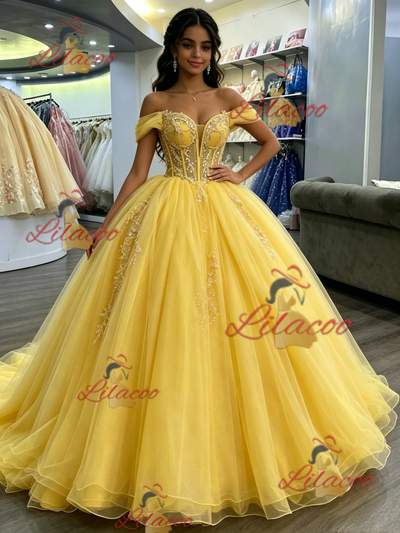 Yellow Tulle Off the Shoulder Appliques Quinceanera Dress